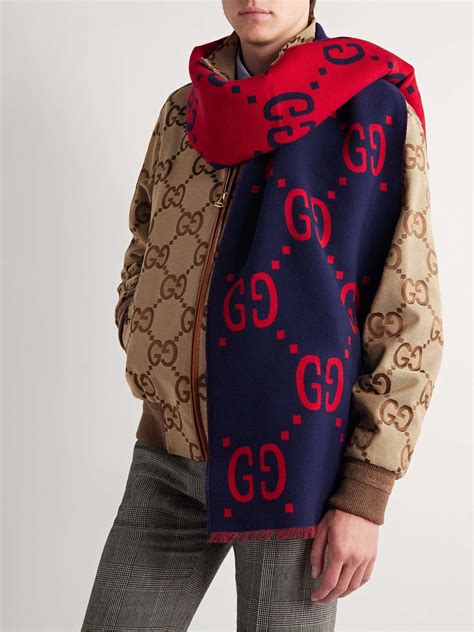 gucci logo small jacquard wool & silk-blend scarf|gucci black diamond quilted coat.